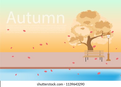 Happy Autumn season landscape with autumn leaves shopping for sale branches and trees in the Park background sunset.