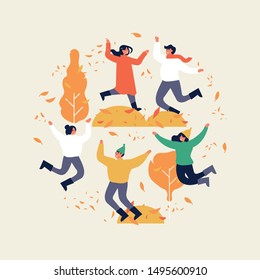 Happy autumn season. Warmly dressed people are jumping. Fall weather. Vector illustration in a flat style, circle composition