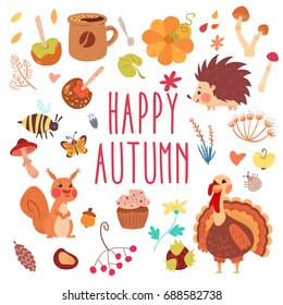 Happy autumn set of animals, bugs and food. Thanksgiving illustration clup-art isolated on white background.