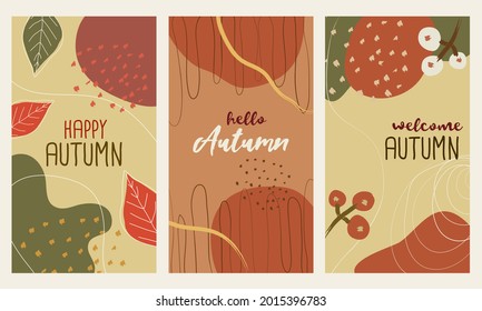 Happy autumn stories background set, colorful and vectored. Flat and lined style with nature, geometric and other abstract elements in hand drawn style. Suitable for social media, post cards or ads.