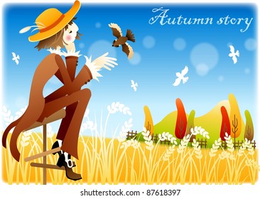 Happy Autumn Story - sitting and smiling young man with flying bird in rich farmland on a background of beautiful blue sky and blur pattern