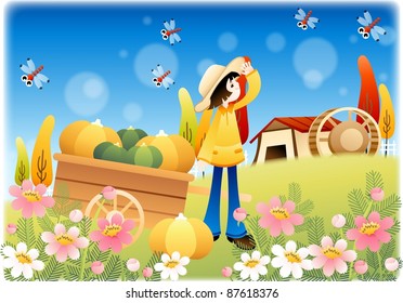 Happy Autumn Story - smiling lovely young woman with rich crops in beautiful flower garden on a background of blue sky and blur pattern