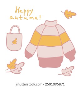Happy autumn sweater illustration with playful leaves and a stylish bag