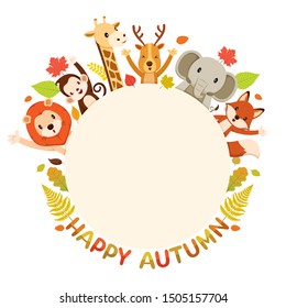 Happy Autumn Texts With Animals On Round Frame, Nature, Season, Weather, Symbol, Kids, Activity 