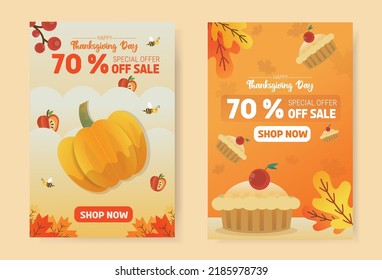 Happy Autumn and Thanksgiving Day . Collection of Autumn Sales Banner. Apple, Pumpkin, Maple leaf and pie vector. Vector design for banner, web banner and advertisement poster.