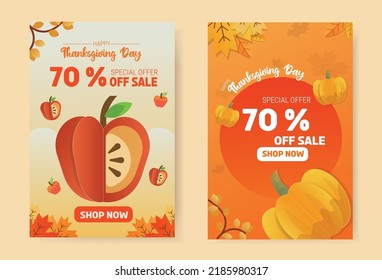 Happy Autumn and Thanksgiving Day . Collection of Sales Banner for Thanksgiving Day. Apple, Pumpkin and Maple leaf Paper cut template. Vector design for banner, web banner and advertisement poster.