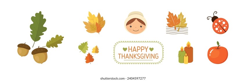 Happy Autumn Thanksgiving Day Object and Element Vector Set