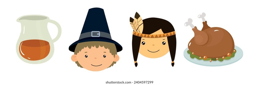 Happy Autumn Thanksgiving Day Object and Element Vector Set