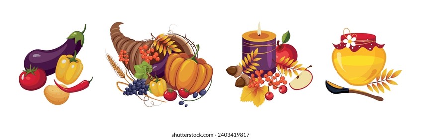 Happy Autumn Thanksgiving Day Objects and Element Vector Set