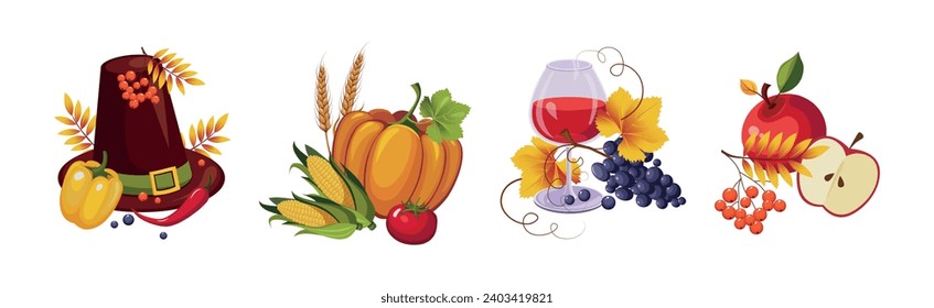 Happy Autumn Thanksgiving Day Objects and Element Vector Set