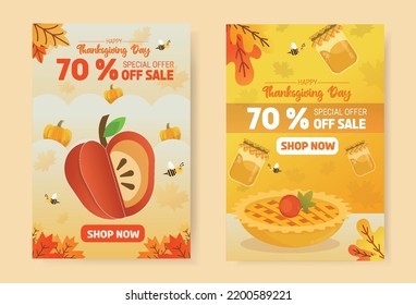 Happy Autumn and Thanksgiving Day . Set of Autumn Sales Banner. Apple, Pumpkin, Maple leaf and Pumkin Pie. Design for banner, web banner, greeting card and advertisement poster. Autumn special offer.