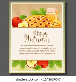 happy autumn thanksgiving theme poster with pie cake