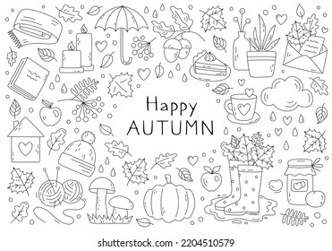 Happy Autumn - Vector Doodle Set. Cute sketch with umbrella, maple, pumpkin,  pie, acorn, leaves. Fall Season elements for coloring book. Black outline isolated on a white. Hand draw illustration.