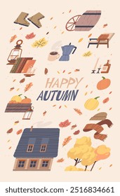 Happy autumn vertical card with cute objects. Hand drawn style banner