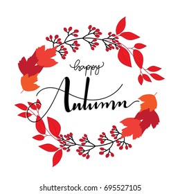 happy autumn wreath with orange leaves isolated on white background
