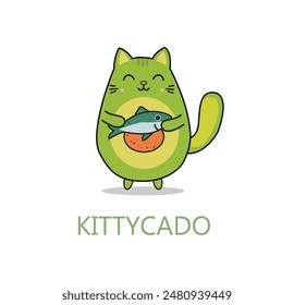 Personaje feliz del gato del aguacate que sostiene el pescado, Vector. Kittycado texto. Ilustración de Avocat kawaii