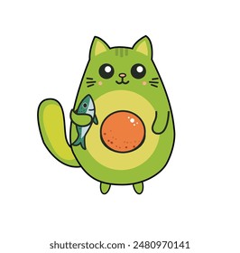 Personaje feliz del gato del aguacate que sostiene el pescado, Vector. Kittycado texto. Ilustración de Avocat kawaii