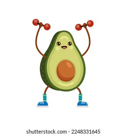 Happy avocado character lifting dumbbells cartoon illustration. Fit fruit with cute face exercising isolated on white background. Sport, gym concept.