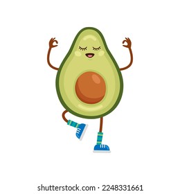 Happy avocado character meditating cartoon illustration. Fit fruit with cute face exercising isolated on white background. Sport, gym concept.