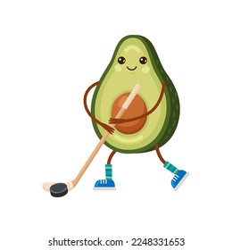 Personaje de aguacate feliz jugando a ilustración de caricaturas de hockey. Encajar fruta con cara linda ejercitando aislado sobre fondo blanco. El deporte, el concepto de gimnasio