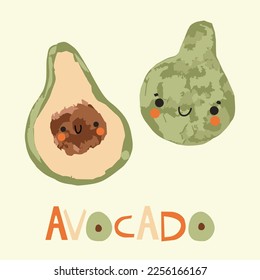 Happy avocado characters. Kawaii vector icon.  Avocado fruit face lovely vegan, vegetarian kids, baby mascot