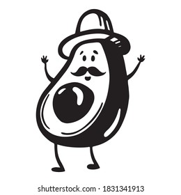 Happy avocado сharacter in a hat with a moustache. Logotype for vegetarian business, healthy cafe, Mexican food. Vector modern mascot illustration, icon, logo in black on white background.