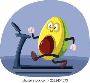 
Happy Avocado Mascot Running on a Treadmill Vector Cartoon. Cheerful super food character exercising, doing cardio in healthy lifestyle concept illustration 
