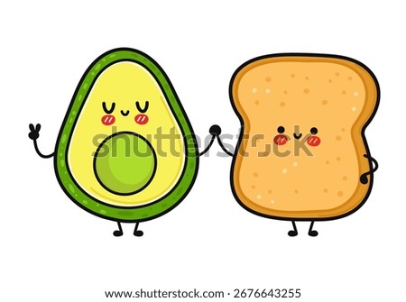 A happy avocado and a slice of toast are drawn with faces, holding hands, creating a cute and friendly image.