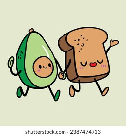 Happy avocado and toast couple walk hand in hand