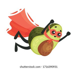 Happy Avocado Wearing Superhero Red Cloak and Mask Flying Vector Illustration