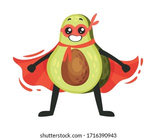 Happy Avocado Wearing Superhero Red Cloak and Mask Posing Vector Illustration