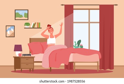 Happy awakening in morning, lifestyle daily routine, girl sitting in bed in home bedroom