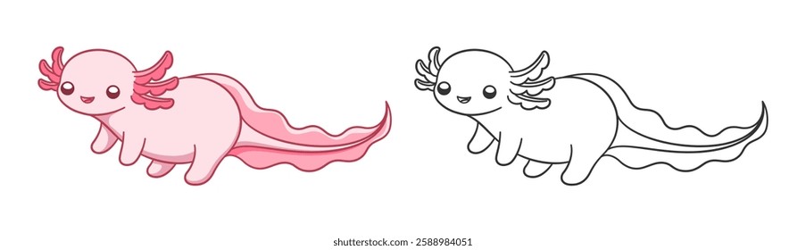 Happy axolotl cartoon colored and line art vector illustration set. Cute underwater aquatic animal design. Easy simple coloring book page activity for kids.