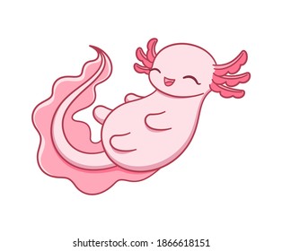 Happy axolotl cartoon vector illustration. Cute underwater aquatic animal design for kids. Simple flat style with outline clip art.