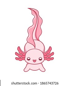 Dibujo del vector de la caricatura de la vista frontal del axolotl feliz. Diseño de animales acuáticos subacuáticos para niños. Estilo plano simple con imágenes prediseñadas de contorno.