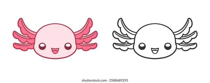 Happy axolotl head cartoon colored and outline vector illustration set. Cute underwater aquatic animal coloring book page activity design for kids.