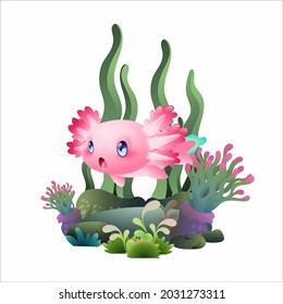 happy axolotl swimming  illustration, cute pink salamander