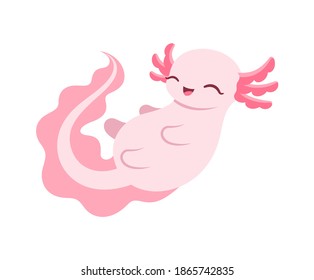 Feliz ilustración del vector axolotl. Diseño de animales acuáticos subacuáticos para niños. Sencilla imagen prediseñada de estilo plano.