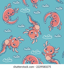 Happy axolotls, seamless vector pattern with vector hand drawn illustrations 