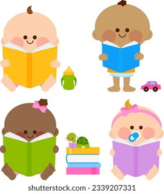 Happy babies reading books. Vector illustration