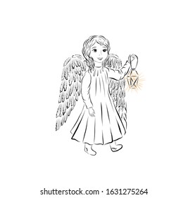 Happy baby angel with candlestick. Smiling man. Decor for greeting retro cards for Christmas, Easter and other religious holidays.