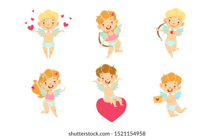 Happy Baby Angels with Wings Set, Adorable Boys And Girls Cupids Cartoon Characters Vector Illustration