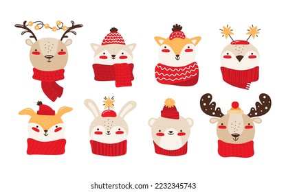 Happy baby animals for Christmas or New year. Smiling faces deer, elk, fox, hare, bear, cat, dog, penguin. Collection cute cartoon characters isolated on white background. Vector flat illustration