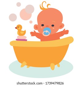 happy baby bathes in a bath with a yellow rubber duck, isolated object on a white background, vector illustration,