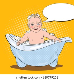 Happy Baby Bathing with Foam Bubbles. Pop Art retro vector illustration
