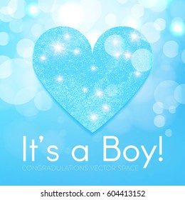 Happy Baby Boy Arrival Background with Shining Heart, Bokeh and Lights. Vector illustration