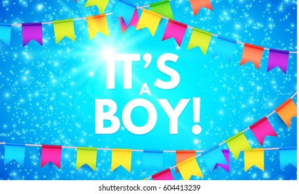 Happy Baby Boy Arrival Background with Flag Garland, Bokeh and Lights. Vector illustration