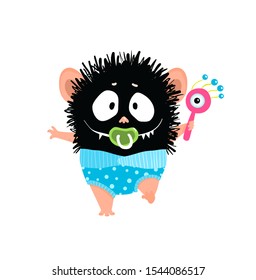 Happy baby boy monster walking with pacifier and rattle wearing blue nappy. Kids cute baby character cartoon with diaper and pacifier, happy walk. 