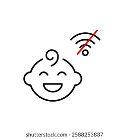 Happy baby boy and no wi-fi. Disconnected wi-fi parenting, digital detox for children. Pixel perfect, editable stroke vector icon