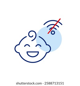 Happy baby boy and no wi-fi. Disconnected wi-fi parenting, digital detox for children. Pixel perfect, editable stroke vector icon